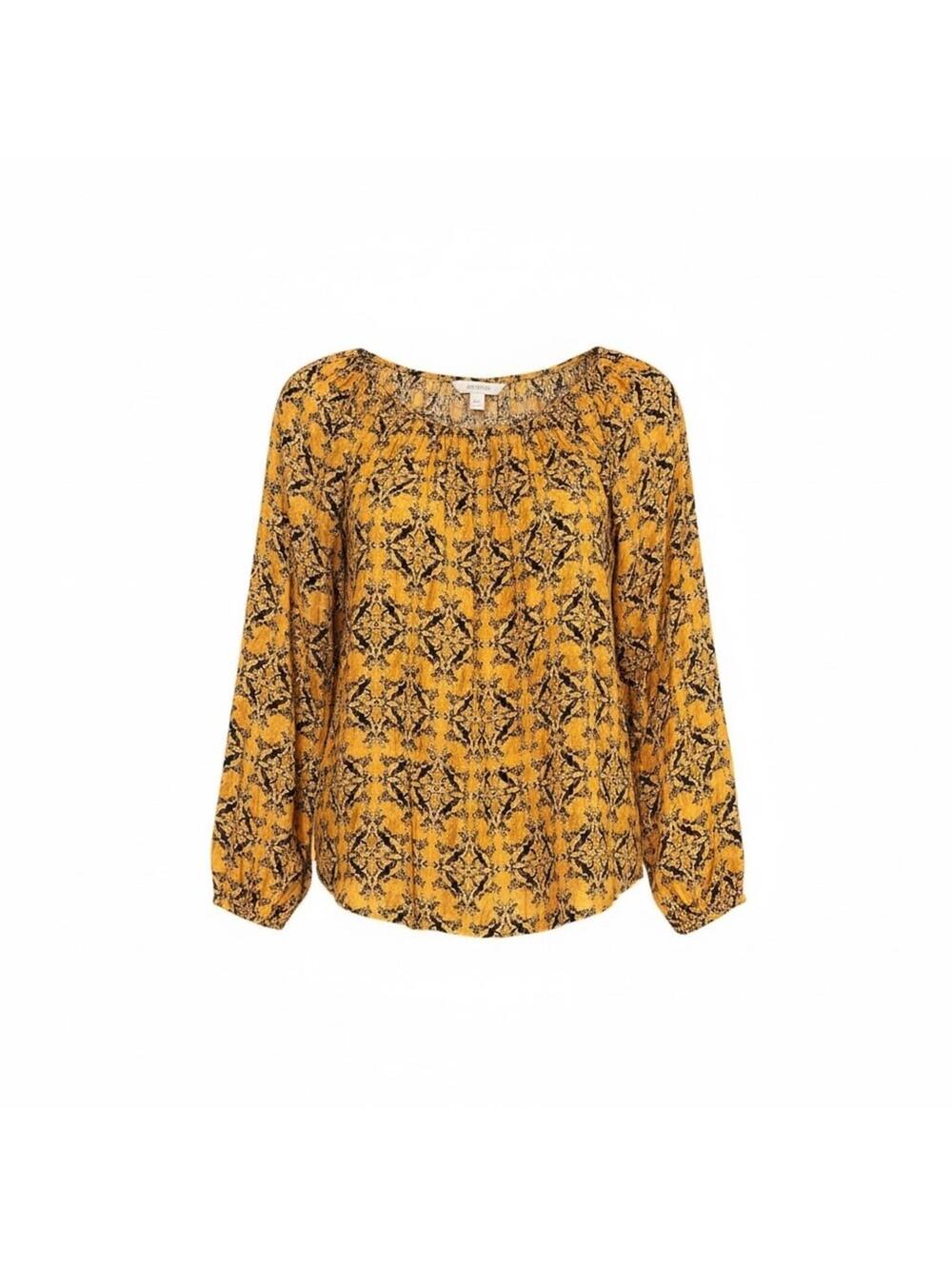 Sundance blouse women M silk orange black print long sleeve smocked neck